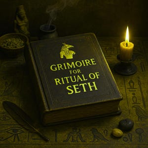 Puede incluir: Un libro encuadernado en cuero marrón oscuro con letras doradas que dicen "Grimoire for Ritual of Seth". El libro está sobre una mesa con una pequeña estatua, una vela y una pluma.