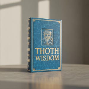 Op de afbeelding: Een blauw boek met gouden letters en details. De kaft toont een illustratie en de woorden "THOTH WISDOM". Het boek staat op een neutrale ondergrond.