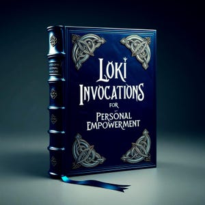 Puede incluir: Un libro azul oscuro titulado "Loki Invocations for Personal Empowerment" con diseños de nudos celtas plateados. El libro tiene una cinta azul como marcador y detalles decorativos en el lomo.
