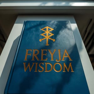 Peut inclure: Un livre bleu avec des lettres dorées et un emblème doré. Le titre du livre, "FREYJA WISDOM", est bien en évidence. La couverture a un aspect texturé et le livre repose sur une surface blanche.