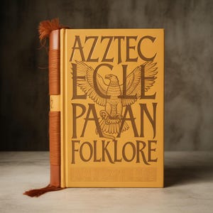 May include: A hardbound book with a mustard-yellow cover featuring the title "AZZTEC EGLE PAAN FOLKLORE" in brown lettering. An eagle illustration is centered on the cover. The spine is wrapped in brown leather with a matching tassel.