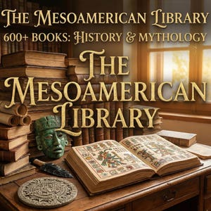 May include: Image of a collection of books titled "The Mesoamerican Library" with the subtitle "600+ Books: History & Mythology." The image features stacks of books, an open book with illustrations, a stone mask, and a stone calendar.