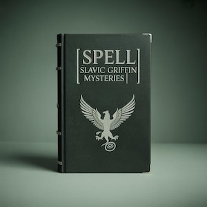 Peut inclure: Un livre vert foncé intitulé "SPELL SLAVIC GRIFFIN MYSTERIES" avec une illustration de griffon argenté. Le livre a des accents de dos en métal argenté et des coins de protection. Le fond est vert.
