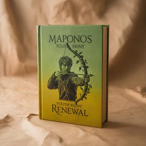 May include: A hardcover book titled "Maponos Youth Hunt Renewal" with a green and yellow gradient cover. The cover features an illustration of a young person aiming a bow and arrow. The book's spine is visible, and the background is a neutral tone.