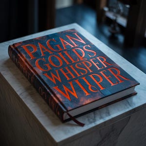 Peut inclure: Un livre à couverture rigide intitulé "Pagan Gods Whisper Wiper" avec des lettres orange sur une couverture bleu foncé. Le livre a un signet rouge et repose sur une surface en marbre blanc. La tranche du livre est visible, et les bords des pages sont blancs.