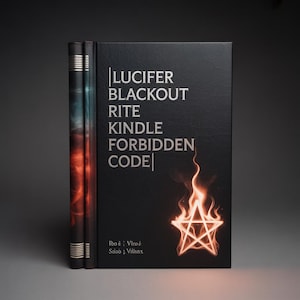 May include: A black book with the title "LUCIFER BLACKOUT RITE KINDLE FORBIDDEN CODE" in silver lettering. A fiery pentagram graphic is on the cover. The spine is visible, showing a gradient of blue and red.