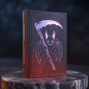 Pode incluir: Um livro de capa dura com uma capa escura com um morcego segurando uma foice. A palavra "UNKNOWN" está escrita verticalmente na lombada. O morcego e a foice têm um acabamento holográfico, com um gradiente de vermelho a roxo.