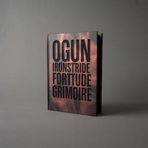 Puede incluir: Un libro de tapa dura con el título "OGUN" y las palabras "IRONSTRIDE", "FORTTUDE" y "GRIMOIRE" en letras negras. La portada del libro tiene un fondo texturizado de color marrón rojizo.