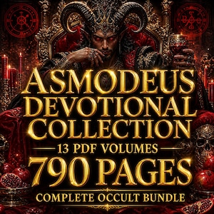 Puede incluir: Imagen digital con el texto "ASMODEUS DEVOTIONAL COLLECTION" en letras doradas. La imagen incluye una figura en un trono, rodeada de símbolos ocultos, velas y granadas. El texto también indica "13 PDF VOLUMES" y "790 PAGES".