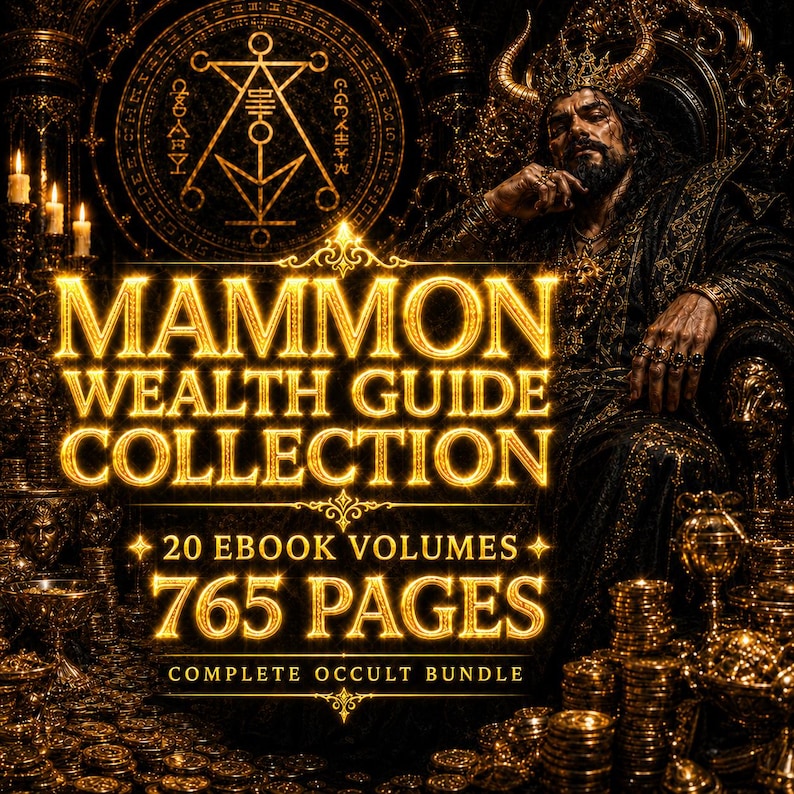 May include: A digital illustration featuring the text "MAMMON WEALTH GUIDE COLLECTION" in gold lettering. The image also includes the text "20 EBOOK VOLUMES" and "765 PAGES". The image has a dark, mystical theme with a figure in the background.