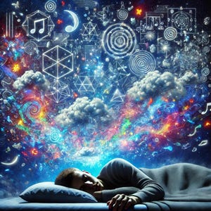May include: A person asleep in bed, with a dreamscape of geometric shapes, musical notes, and colorful clouds above. The dreamscape is filled with bright colors and glowing lines, creating a surreal and imaginative scene.