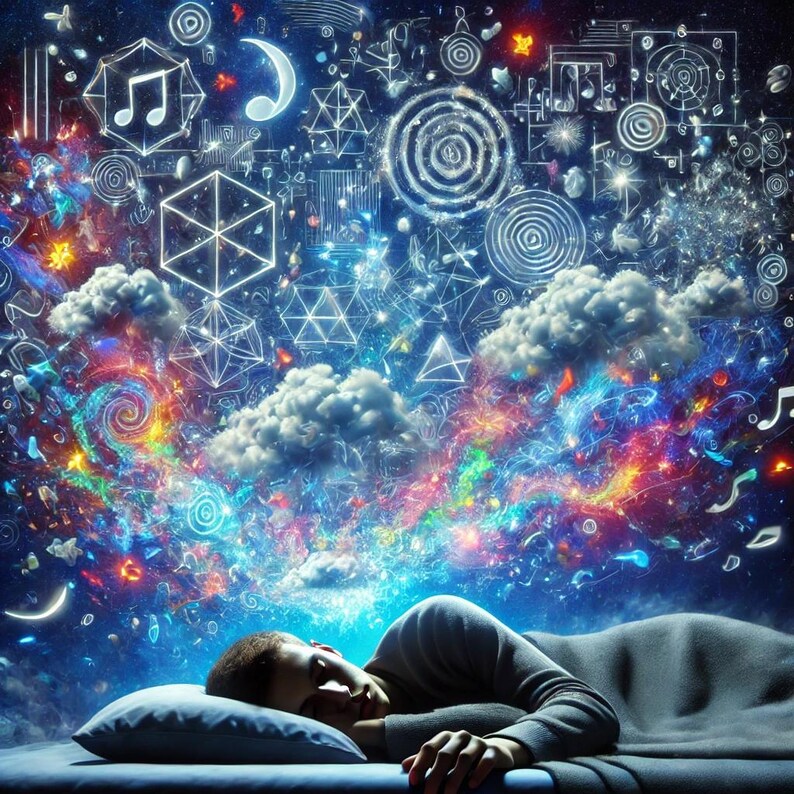 May include: A person asleep in bed, with a dreamscape of geometric shapes, musical notes, and colorful clouds above. The dreamscape is filled with bright colors and glowing lines, creating a surreal and imaginative scene.