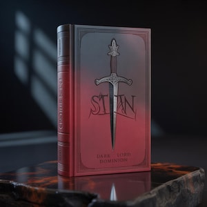 Può includere: Un libro con copertina rigida con una copertina sfumata rossa e nera con un disegno di spada e il titolo "STAN". Il dorso recita "D. LA SHIELD". Il libro è su una superficie di pietra.