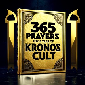 Pode incluir: Um livro dourado com o título "365 Orações para um Ano de Culto a Kronos" na capa.