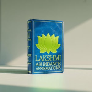 May include: A blue book with gold trim and the words "LAKSHMI ABUNDANCE AFFIRMATIONS" in gold lettering. A green lotus flower is centered on the cover. The book is standing upright on a white surface.