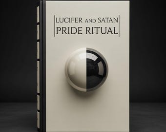 May include: A book with the title "LUCIFER AND SATAN PRIDE RITUAL" on the cover. The cover is off-white with a two-toned sphere, half white and half black, as a design element. The spine is black.