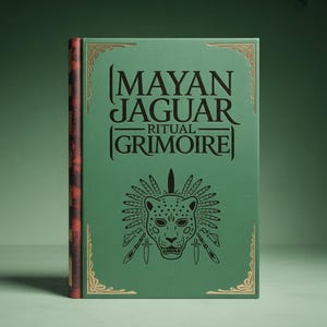 Puede incluir: Un libro verde titulado "Mayan Jaguar Ritual Grimoire" con diseños dorados en las esquinas. La portada presenta una cabeza de jaguar con plumas, lanzas y cuchillos. El lomo es rojo y marrón.