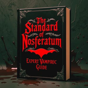 May include: A black book with a red title that reads "The Standard of Nosferatum Expert Vampiric Guide". The book has ornate gold detailing and a bat silhouette.