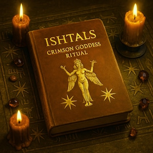 Puede incluir: Un libro encuadernado en cuero marrón con letras doradas titulado "Ishitals Crimson Goddess Ritual". El libro está abierto en una página con una ilustración dorada de una mujer alada con los brazos extendidos. El libro está rodeado de velas encendidas y piedras doradas.