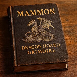 Puede incluir: Un libro marrón oscuro con letras doradas y una ilustración de un dragón. La portada dice "MAMMON" encima de una ilustración de un dragón y "DRAGON HOARD GRIMOIRE" debajo. El libro tiene una apariencia desgastada y antigua.