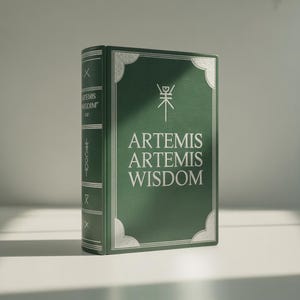 May include: A hardcover book titled "Artemis Artemis Wisdom" with a dark green cover and silver accents. The spine features the text "Artemis Wisdom" and other symbols. The book is standing upright on a white surface.