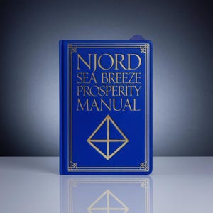 Könnte beinhalten: Ein blaues Buch mit goldener Schrift, betitelt "NJORD SEA BREEZE PROSPERITY MANUAL". Es hat ein geometrisches Design und ein blaues Lesezeichen. Das Buch liegt auf einer weißen Oberfläche.