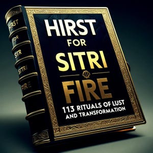 Puede incluir: Un libro negro con letras doradas y un borde dorado. El título es "Hirst for Sitri Fire" y el subtítulo es "113 Rituals of Lust and Transformation".