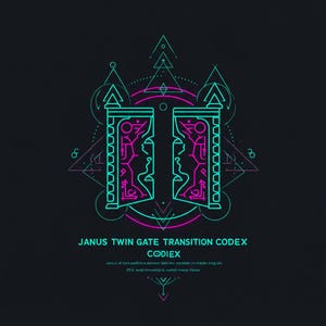 May include: A geometric design on a black background featuring two stylized teal and magenta gates. The text "JANUS TWIN GATE TRANSITION CODEX" is displayed below the gates. The design includes geometric shapes and lines.