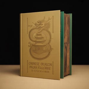 Può includere: Un libro color oro intitolato "Chinese Dragon Pagan Folklore" con una dettagliata illustrazione di un drago e una pagoda. Il dorso del libro è verde e le pagine hanno un aspetto venato. Il libro è ambientato su uno sfondo scuro.