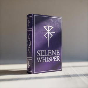 Pode incluir: Um livro roxo com o título "Selene Whisper" em letras prateadas. A capa apresenta um emblema prateado e a lombada tem linhas e losangos prateados decorativos. O livro está em pé sobre uma superfície de madeira.