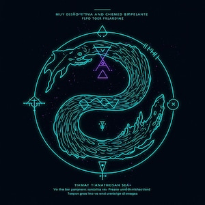 May include: A digital illustration of a teal serpent-like creature within a circle, set against a dark blue background with stars. The design includes geometric shapes and white text. The text reads "TIAMAT TIANATHOSAN SEA".