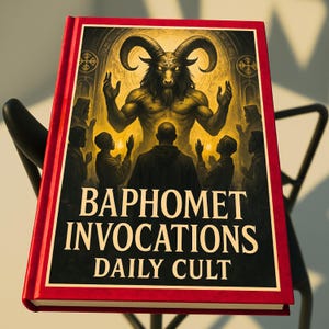 Pode incluir: Um livro vermelho intitulado "BAPHOMET INVOCATIONS DAILY CULT" com uma ilustração de uma figura com chifres e adoradores. O livro está apoiado numa cadeira preta, com a capa apresentando uma representação detalhada de uma entidade demoníaca.