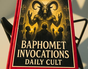 May include: A red book titled "BAPHOMET INVOCATIONS DAILY CULT" with an illustration of a horned figure and worshippers. The book is propped on a black chair, with the cover art featuring a detailed depiction of a demonic entity.