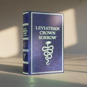 Può includere: Un libro con copertina rigida blu scuro con il titolo "Leviathan Crown Sorrow" in lettere bianche. Il dorso presenta testo verticale e il numero "1". Un simbolo di serpente bianco è sulla copertina. Il libro è su una superficie chiara.