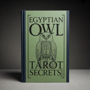 Può includere: Un libro con copertina rigida intitolato "EGYPTIAN OWL TAROT SECRETS". La copertina è verde chiaro con testo nero e un'illustrazione dettagliata di un gufo che tiene in mano una carta dei tarocchi. Il dorso è blu scuro.