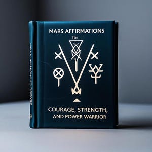 Puede incluir: Un libro azul oscuro titulado "MARS AFFIRMATIONS" con texto y símbolos blancos. La portada del libro presenta un diseño central con las palabras "COURAGE, STRENGTH, AND POWER WARRIOR" debajo. El lomo dice "MARS AFFIRMATIONS for POWER".
