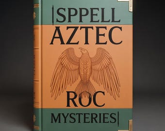 Puede incluir: Un libro de tapa dura titulado "SPELL AZTEC ROC MYSTERIES". El libro tiene una cubierta verde y naranja con protectores de esquina dorados. La portada presenta una ilustración detallada de un águila con las alas extendidas.