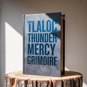 May include: A hardcover book titled "TLALOC THUNDER MERCY GRIMOIRE" with blue lettering on a textured gray cover. The book is displayed on a wooden tree stump, with a glimpse of gold-colored pages.