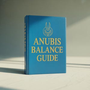 Könnte beinhalten: Ein blaues Buch mit dem Titel "ANUBIS BALANCE GUIDE" in goldener Schrift und einer Anubis-Illustration. Der Buchrücken trägt die Aufschrift "ABIBINCO". Das Buch liegt auf einer weißen Oberfläche.