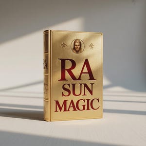 May include: A gold-coloured book titled "RA SUN MAGIC" in red lettering. The book features a portrait and star designs. It stands upright on a white surface. The spine shows the title "RA" and other text.