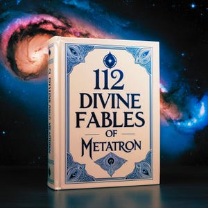 May include: A white book with a blue border and the title "112 Divine Fables of Metatron" on the front cover.