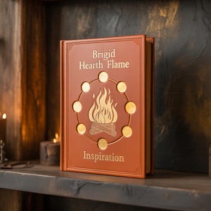 Peut inclure: Un livre marron intitulé "Brigid Hearth Flame Inspiration" avec des lettres dorées et un motif de flamme central. La couverture présente un motif circulaire d'accents dorés. Le livre est exposé sur une étagère en bois sombre.