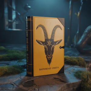 May include: A leather-bound book with a gold cover featuring a black illustration of a goat's head with a pentagram. The spine has text in a foreign language. The book is titled "BAPHMOAD UNITY".