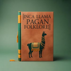 以下が含まれることがあります： 「[INCA LLAMA PAGAN FOLKLORE]」というタイトルのハードカバー本。茶色の表紙に緑色のラマのイラストが描かれています。背表紙は緑色で、黄色のアクセントとタッセルが付いています。本は緑色の背景に置かれています。