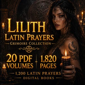 May include: A digital collection titled LILITH LATIN PRAYERS GRIMOIRE COLLECTION featuring 20 PDF volumes, 1,820 pages, and 1,200 Latin prayers. The text is displayed in gold lettering against a dark background with a person holding a lit candle.