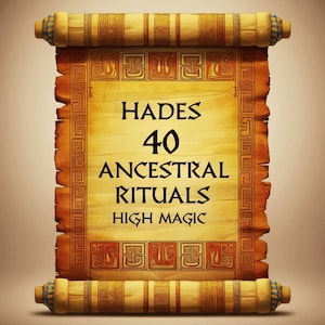 Puede incluir: Un rollo amarillo con un borde marrón y un patrón decorativo. El rollo está desenrollado y tiene el texto "Hades 40 Ancestral Rituals High Magic" escrito en él.