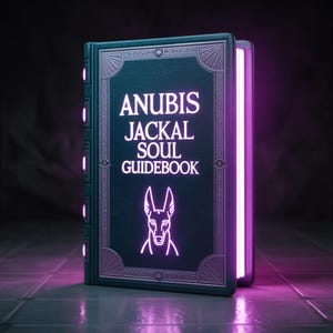 Può includere: Un libro verde acqua intitolato "ANUBIS JACKAL SOUL GUIDEBOOK" con un'illustrazione di testa di sciacallo luminosa. Le pagine del libro emettono una luce rosa brillante e la copertina ha un bordo ornato. Il libro è in piedi su una superficie piastrellata.