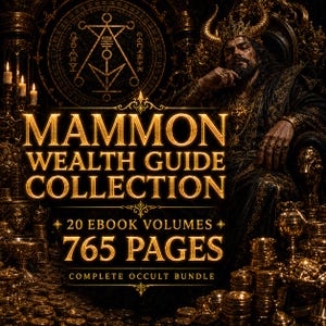 May include: A digital illustration promoting the "Mammon Wealth Guide Collection." The image features a dark, ornate design with gold lettering and accents. Text includes "20 Ebook Volumes" and "765 Pages." A figure with horns is seated on a throne.