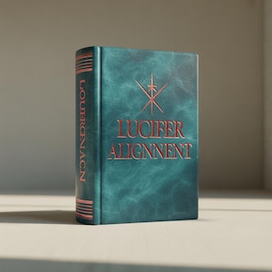 May include: A teal-colored book with the title "LUCIFER ALIGNMENT" in red lettering. The spine reads "LOUERGNACN" in red. The cover features a red symbol. The book is on a light-colored surface.