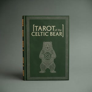 May include: A green tarot card deck titled "Tarot of the Celtic Bear." The cover features a detailed illustration of a bear holding a Celtic knot. The text and border are in a lighter green color.